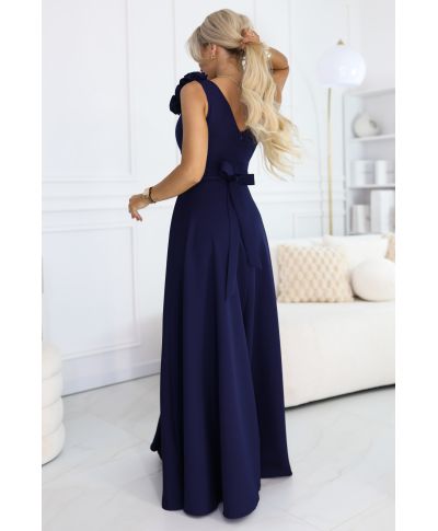 Abito lungo elegante blu navy con fiore decorativo e scollo a V – Nayla - gogolfun.it