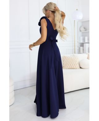 643-4 Elegancka wieczorowa suknia maxi z rozcięciem i różami - granatowa 