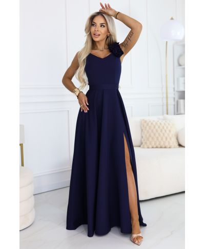 Abito lungo elegante blu navy con fiore decorativo e scollo a V – Nayla - gogolfun.it