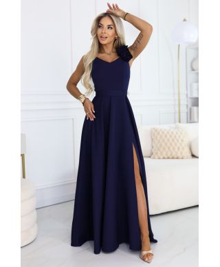  643-4 Elegancka wieczorowa suknia maxi z rozcięciem i różami - granatowa 