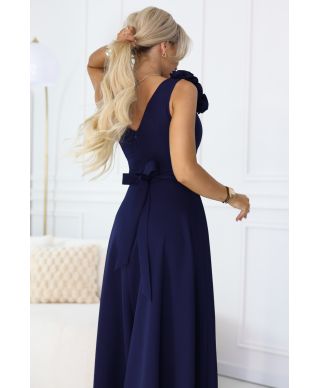  643-4 Elegancka wieczorowa suknia maxi z rozcięciem i różami - granatowa 