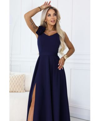  643-4 Elegancka wieczorowa suknia maxi z rozcięciem i różami - granatowa 