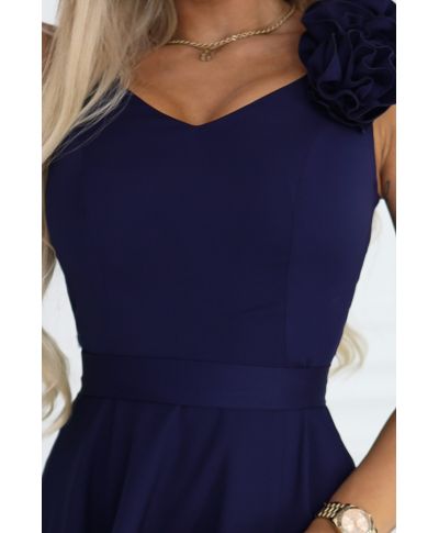 Abito lungo elegante blu navy con fiore decorativo e scollo a V – Nayla - gogolfun.it