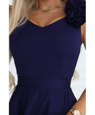  643-4 Elegancka wieczorowa suknia maxi z rozcięciem i różami - granatowa 