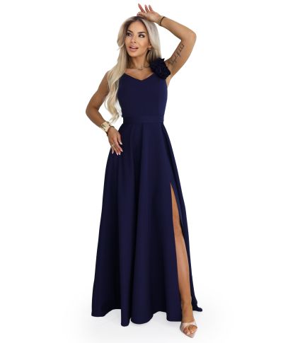 Abito lungo elegante blu navy con fiore decorativo e scollo a V – Nayla - gogolfun.it