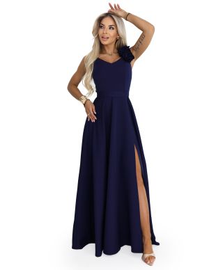  643-4 Elegancka wieczorowa suknia maxi z rozcięciem i różami - granatowa 