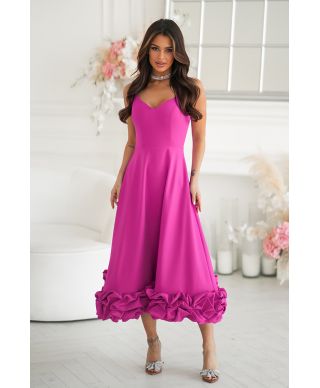 Abito midi elegante fucsia intenso con balza floreale 3D – Tessa