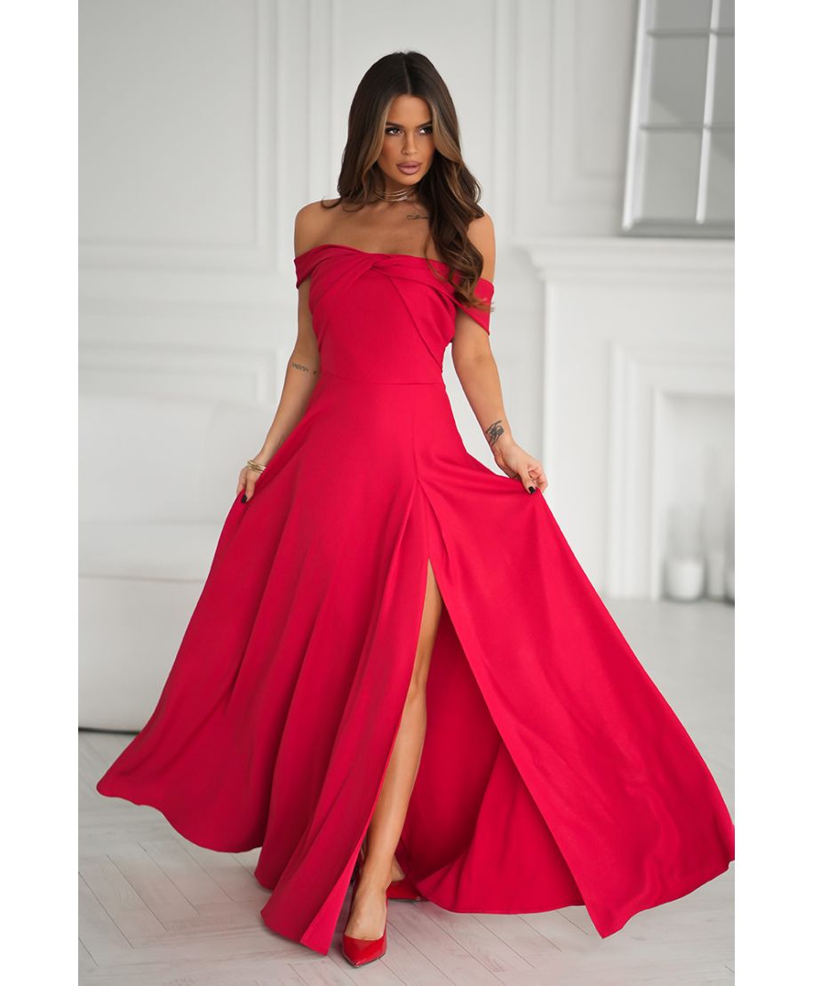 Abito lungo rosso con spacco e scollo alla spagnola - Manichette cadenti