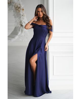 Abito lungo elegante blu notte con effetto metallico e scollo spagnolo