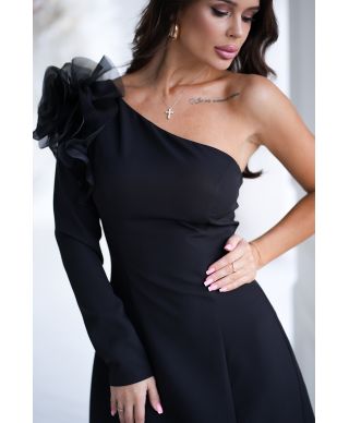 Abito corto nero da cerimonia - Rosa sulla Spalla – Monospalla - Modello asimmetrico