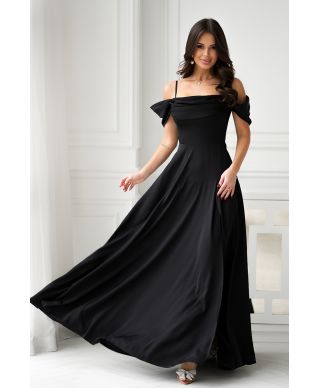 Abito elegante, lungo - Spacco sulla gamba - Spalline cadenti - Nero