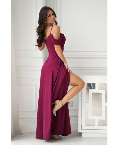 Abito elegante, lungo - Spacco sulla gamba - Spalline cadenti - Bordeaux
