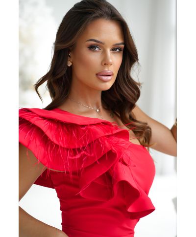 Abito rosso a sirena con piume - Fiora