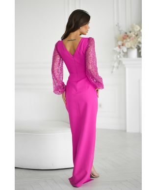 Abito elegante, lungo - Maniche in paillettes - Colore fucsia - Scarlet