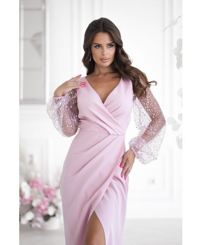 Abito elegante, lungo - Maniche in paillettes - Colore rosa sporco - Scarlet