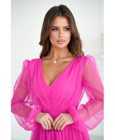 Abito donna - Con manichetta in tulle – Rosa fluo