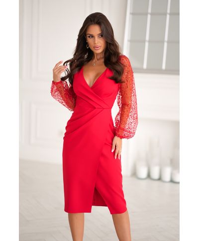 Abito da cerimonia con maniche trasparenti e paillettes - Colore rosso