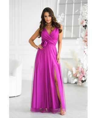 Abito elegante lungo - Spacco sulla gamba - Magenta