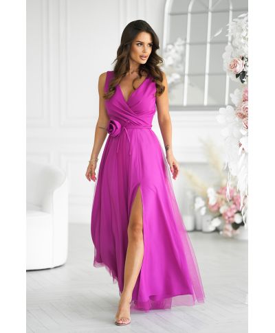 Abito elegante lungo - Spacco sulla gamba - Magenta