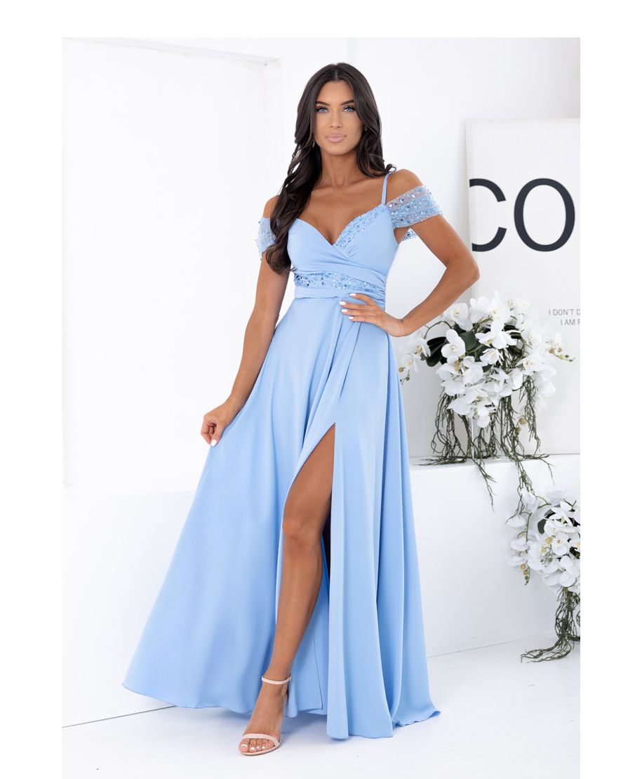 Vestito lungo azzurro con scollo a V, vita aderente e gonna fluida – abito elegante - Selen - gogolfun.it