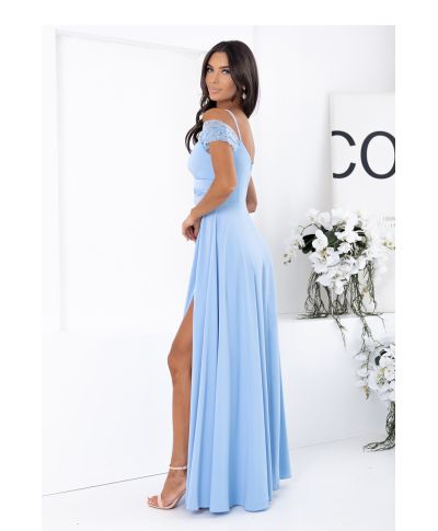 Vestito lungo azzurro con scollo a V, vita aderente e gonna fluida – abito elegante - Selen - gogolfun.it