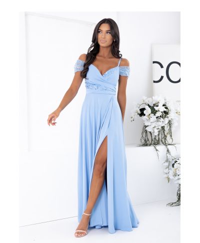 Vestito lungo azzurro con scollo a V, vita aderente e gonna fluida – abito elegante - Selen - gogolfun.it