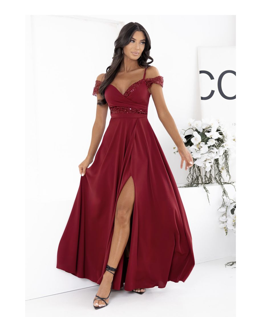 Vestito lungo color bordeaux con scollo a V, vita definita e gonna fluida – abito elegante -Selen - gogolfun.it