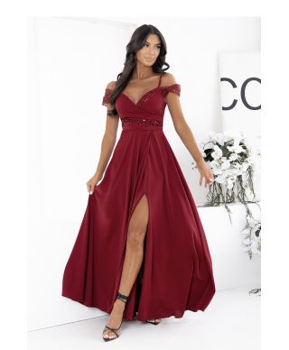 Vestito lungo color bordeaux con scollo a V, vita definita e gonna fluida – abito elegante -Selen - gogolfun.it