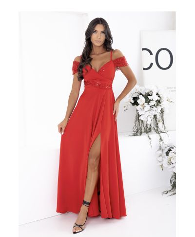Vestito lungo rosso con scollo a V, gonna fluida e spacco sensuale – Abito elegante - Selen - gogolfun.it