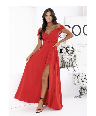 Vestito lungo rosso con scollo a V, gonna fluida e spacco sensuale – Abito elegante - Selen - gogolfun.it