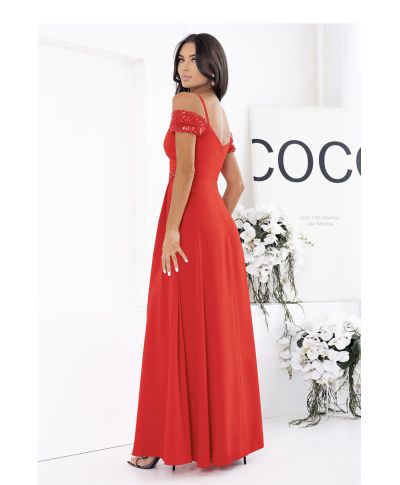 Vestito lungo rosso con scollo a V, gonna fluida e spacco sensuale – Abito elegante - Selen - gogolfun.it