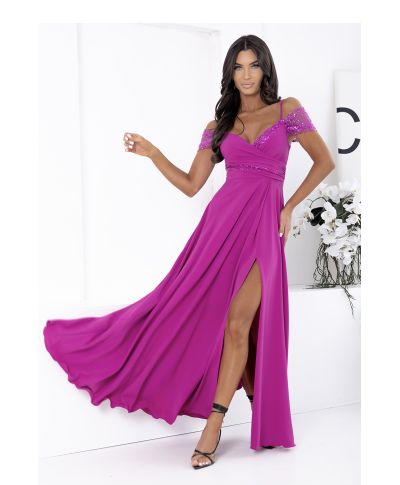 Abito lungo fucsia elegante con spacco alto e paillettes – Vestito da cerimonia - Selen - gogolfun.it
