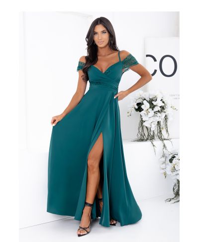 Abito lungo elegante - Verde smeraldo - Spacco e dettagli brillanti - Selen - gogolfun.it