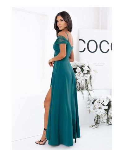 Abito lungo elegante - Verde smeraldo - Spacco e dettagli brillanti - Selen - gogolfun.it