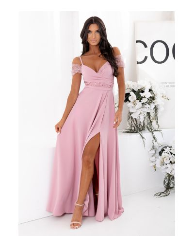 Abito lungo elegante rosa antico con spacco e paillettes - Selen - gogolfun.it