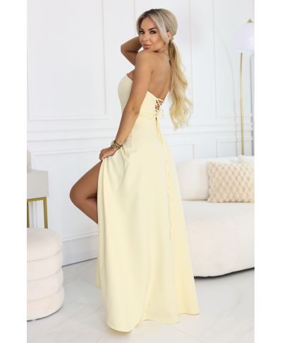Abito maxi giallo con schiena allacciata e corsetto - Vestito elegante - Elara - gogolfun.it