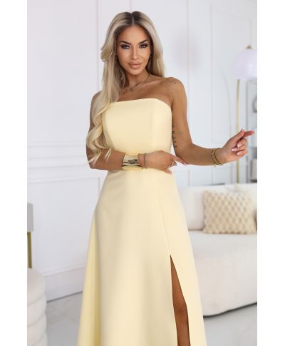 Abito maxi giallo con schiena allacciata e corsetto - Vestito elegante - Elara - gogolfun.it