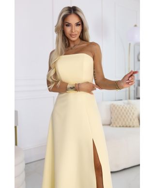  663-3 ELARA gorsetowa sukienka maxi z rozcięciem i wiązaniem na plecach - masełkowy żółty 