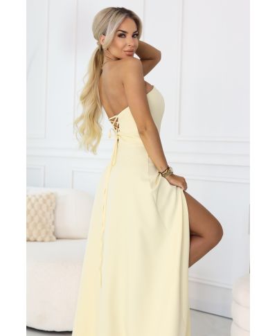 Abito maxi giallo con schiena allacciata e corsetto - Vestito elegante - Elara - gogolfun.it