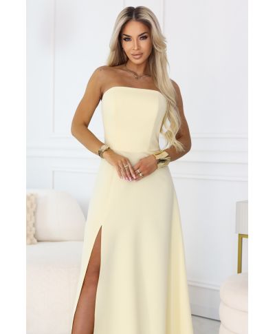 Abito maxi giallo con schiena allacciata e corsetto - Vestito elegante - Elara - gogolfun.it