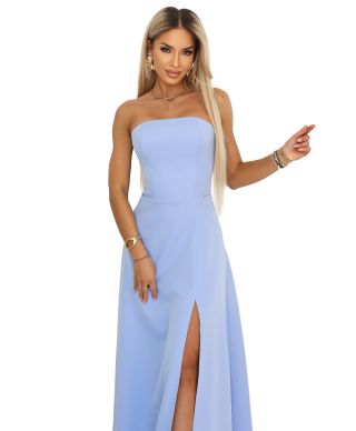  663-2 ELARA gorsetowa sukienka maxi z rozcięciem i wiązaniem na plecach - błękitna 