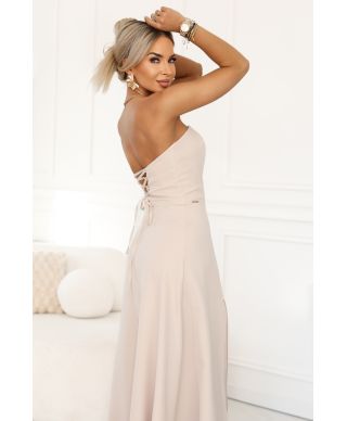  663-1 ELARA gorsetowa sukienka maxi z rozcięciem i wiązaniem na plecach - beżowa 