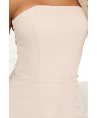  663-1 ELARA gorsetowa sukienka maxi z rozcięciem i wiązaniem na plecach - beżowa 