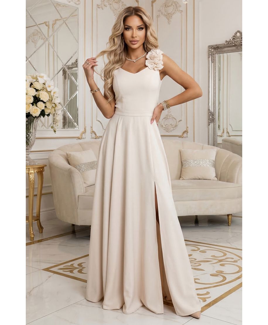 Abito maxi beige con scollo a V e gonna fluida – Vestito elegante donna - Nayla - gogolfun.it