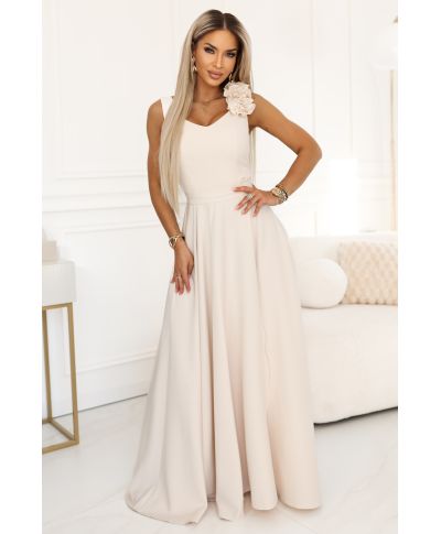 Abito maxi beige con scollo a V e gonna fluida – Vestito elegante donna - Nayla - gogolfun.it