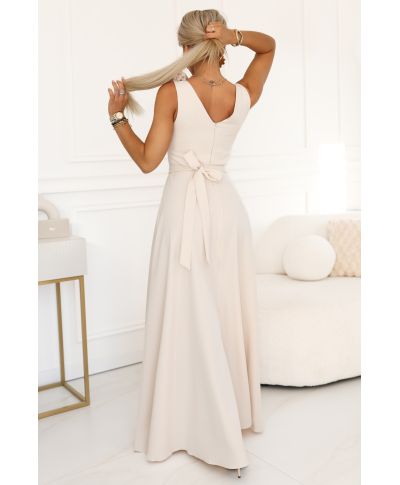 Abito maxi beige con scollo a V e gonna fluida – Vestito elegante donna - Nayla - gogolfun.it