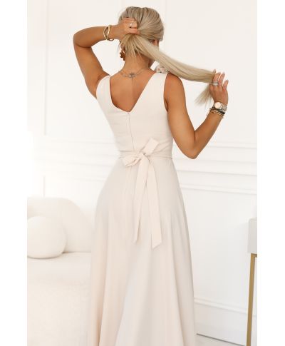 Abito maxi beige con scollo a V e gonna fluida – Vestito elegante donna - Nayla - gogolfun.it
