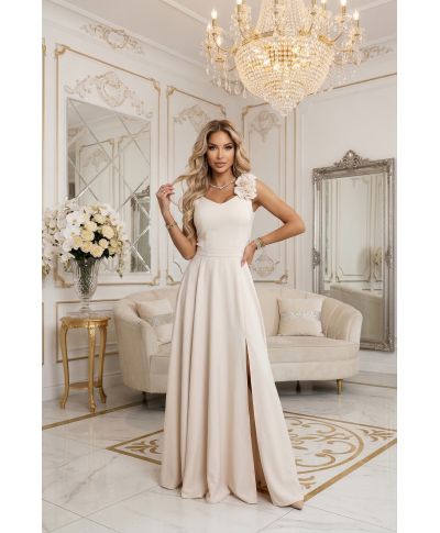 Abito maxi beige con scollo a V e gonna fluida – Vestito elegante donna - Nayla - gogolfun.it