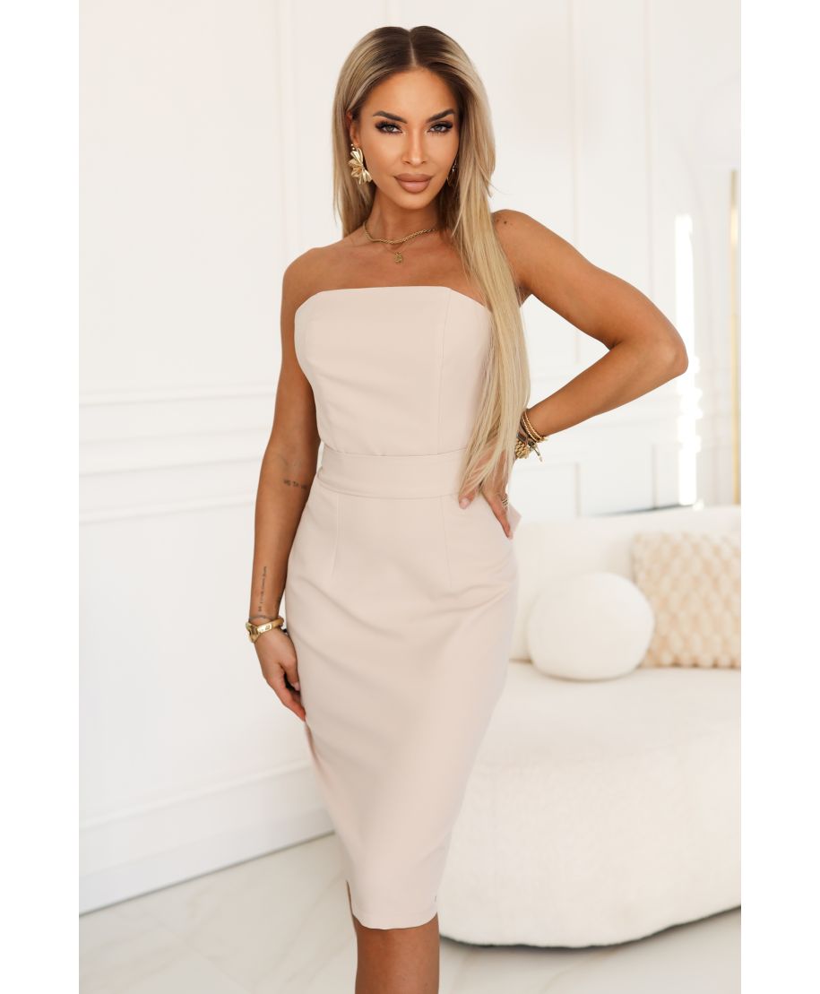 Abito midi beige aderente con fiocco posteriore – Vestito elegante - Isyra - gogolfun.it