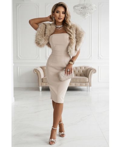 Abito midi beige aderente con fiocco posteriore – Vestito elegante - Isyra - gogolfun.it